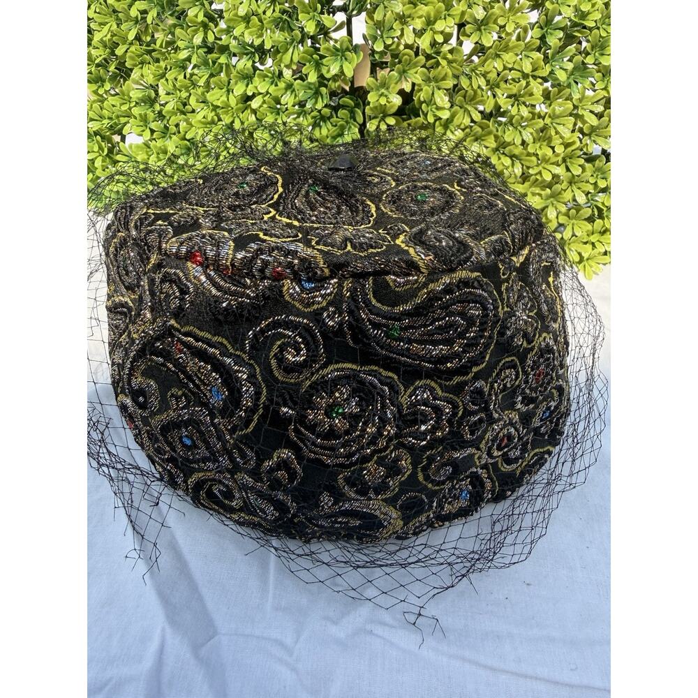 Vintage Hat Black Gold Silver Lace One Size Union Made Net Women Head Piece